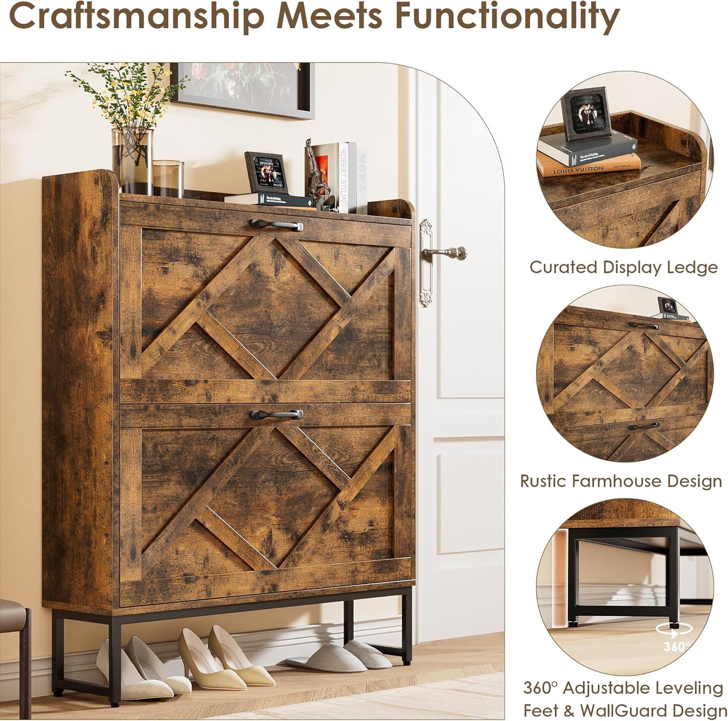 Nicetree Shoe Cabinet with 2 Flip Drawers, Freestanding Shoe Organizer with Metal Legs, Narrow Shoe Rack Cabinet, Farmhouse Slim Shoe Storage Cabinet for Entryway, Foyer, Hallway, Rustic Brown