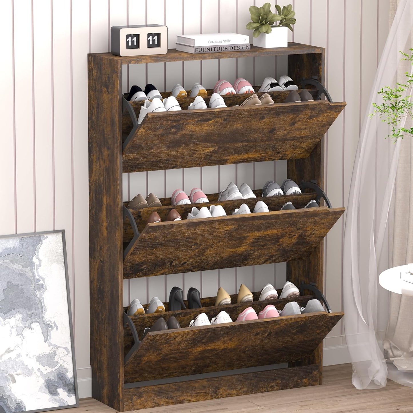 Shoe Cabinet with 3 Flip Drawers, Hidden Wood Shoe Cabinet,Freestanding Shoe Storage Cabinet for Entryway Hallway.White. 47.2" H*31.5" W*9.25" D.