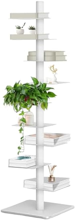 GENMOUS White 9 Tier Metal Vertical Bookshelf Tower, Freestanding Invisible Spine Bookshelf, Tall Ladder Bookcase Floating Shelf for Small Spaces, Modern Storage Corner Shelf for Living Room, Office