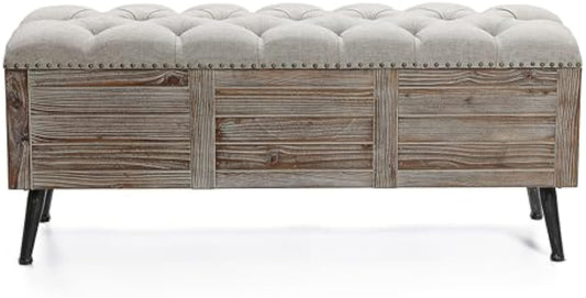 LuxenHome Storage Bench for Bedroom, 47" Wood Upholstered Bench with Storage and Seating, Luxury Beige and Brown Farmhouse End of Bed Bench, Storage Ottoman Bench for Living Room/Bedroom/Entryway