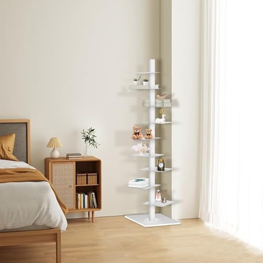 GENMOUS White 9 Tier Metal Vertical Bookshelf Tower, Freestanding Invisible Spine Bookshelf, Tall Ladder Bookcase Floating Shelf for Small Spaces, Modern Storage Corner Shelf for Living Room, Office