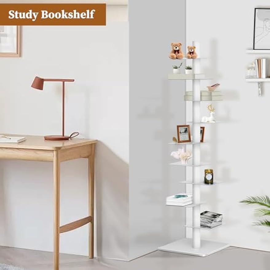 GENMOUS White 9 Tier Metal Vertical Bookshelf Tower, Freestanding Invisible Spine Bookshelf, Tall Ladder Bookcase Floating Shelf for Small Spaces, Modern Storage Corner Shelf for Living Room, Office