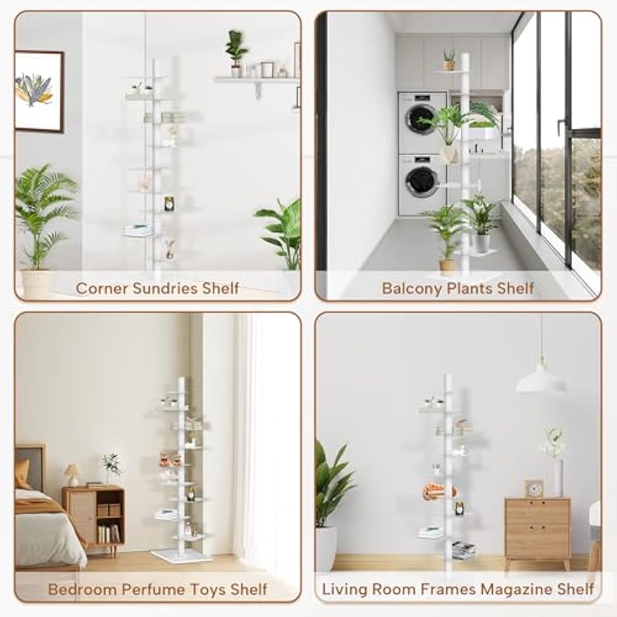 GENMOUS White 9 Tier Metal Vertical Bookshelf Tower, Freestanding Invisible Spine Bookshelf, Tall Ladder Bookcase Floating Shelf for Small Spaces, Modern Storage Corner Shelf for Living Room, Office
