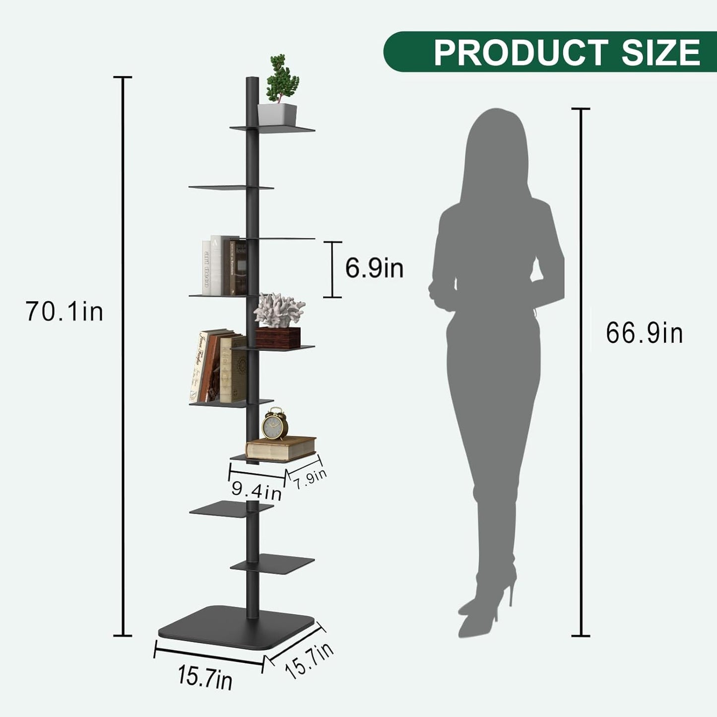 9 Tier Metal Spine Bookshelf Tower, Adjustable Vertical Spine Book Tower Floor, Metal Vertical Bookshelf for Study Room,Living Room,Office,Bedroom (Black)