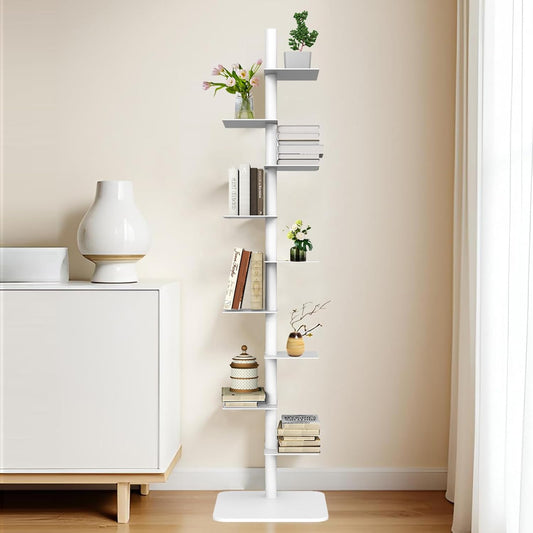 9-Tier Metal Rotating Spine Bookshelf, Ladder Bookcase, Adjustable Tall Narrow Vertical Book Tower for Small Spaces, Multipurpose Corner Storage Shelf for Living Room, Office, Bedroom