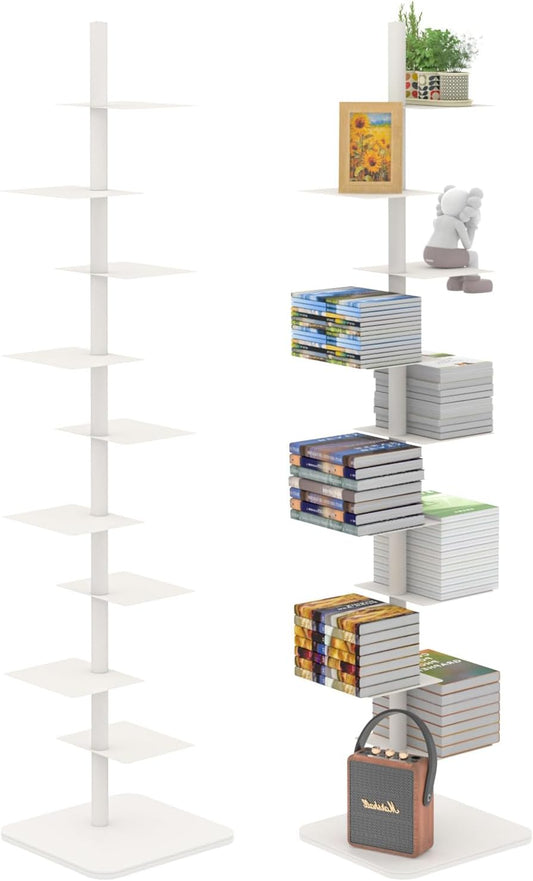Choowin 9 Tier Metal Bookshelf Vertical Spine Bookshelf White Bookcase - Adjustable Tall Narrow Book Shelf Book Tower for Bedroom Living Room Office Home Décor
