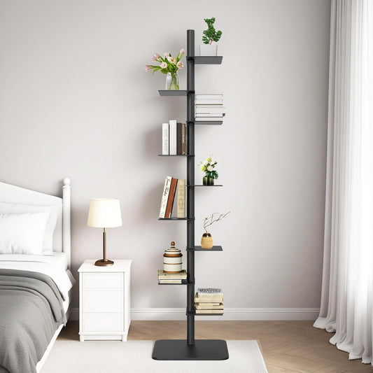 9 Tier Metal Spine Bookshelf Tower, Adjustable Vertical Spine Book Tower Floor, Metal Vertical Bookshelf for Study Room,Living Room,Office,Bedroom (Black)