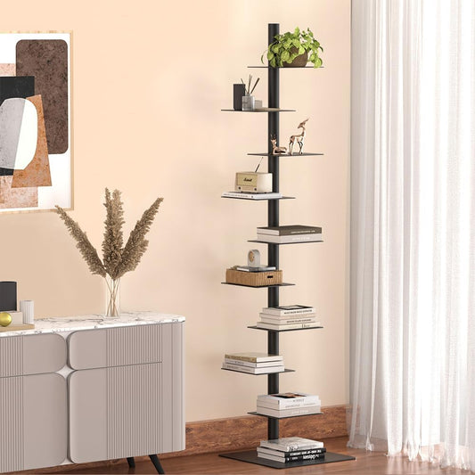 Nidouillet 9-Tier Metal Spine Bookshelf, Adjustable Vertical Tower for Books, Tall & Narrow Ladder Bookcase, Space-Saving Multipurpose Corner Storage Shelf, Display Stand, Tool-Free Assembly, Black