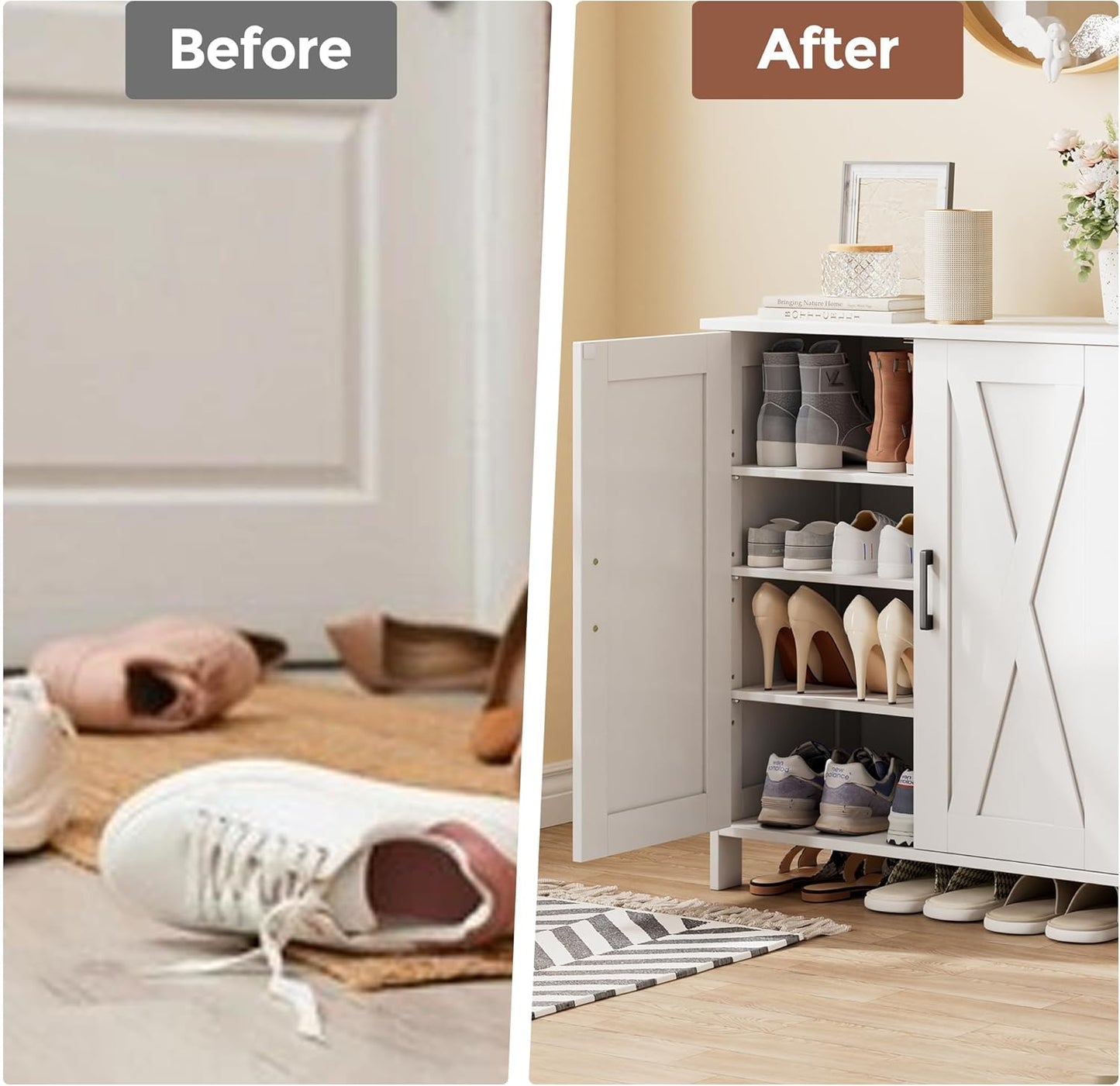 Farmhouse Shoe Cabinet with 2 Barn Doors & Wood Legs, 5-Tier Shoe Storage Cabinet with 3 Adjustable Shelves, Tall Shoe Rack Organizer for Closet, Shoe Organizer for Entryway, Hallway, White