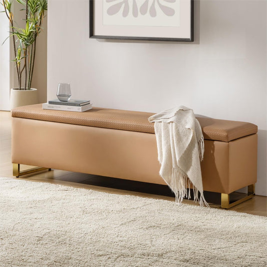 Storage Ottoman Bench with Throw Ottomans, Modern End of Bed Bench, Upholstered Footrest Stool with Gold Legs for Living, Bedroom, Entryway and Hallway(Camel 60inch)