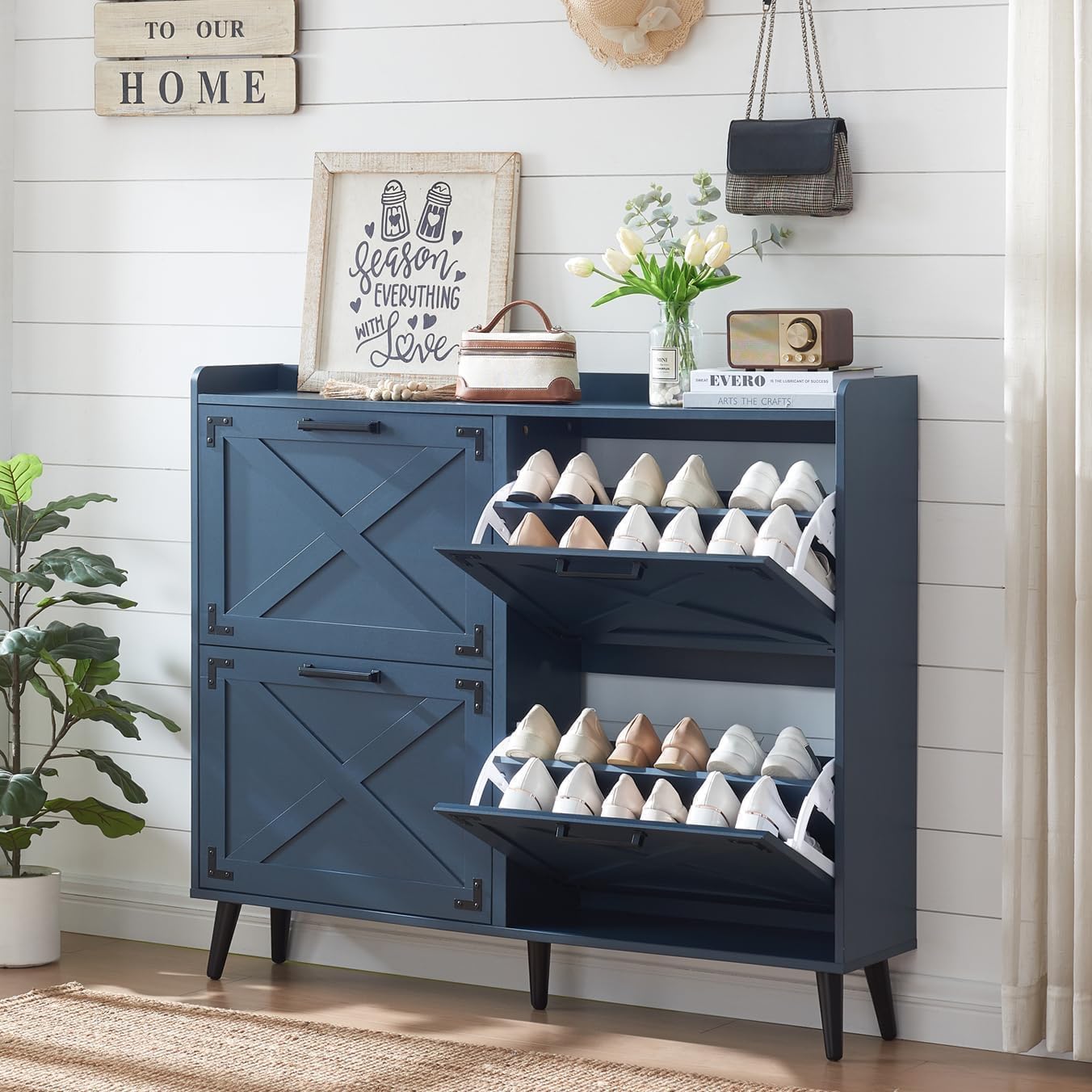 Shoe Storage Cabinet,Farmhouse Shoe Organizer with 2 Flip Drawers & Barn Door Design,Freestanding Hidden Slim Narrow Shoe Rack Cabinet for Entryway,Foyer,Hallway,Walnut