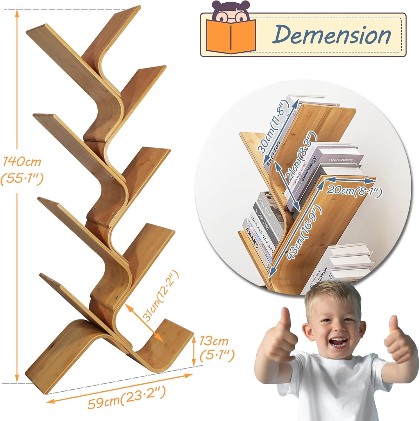 Bamboo Tree Bookshelf, 8-Tier Wood Bookcase, Free Standing Book Organizer Shelves, Books/Albums/Files Holder Display Storage Rack Space Saver for Living Room Bedroom-Log 55x23x5inch