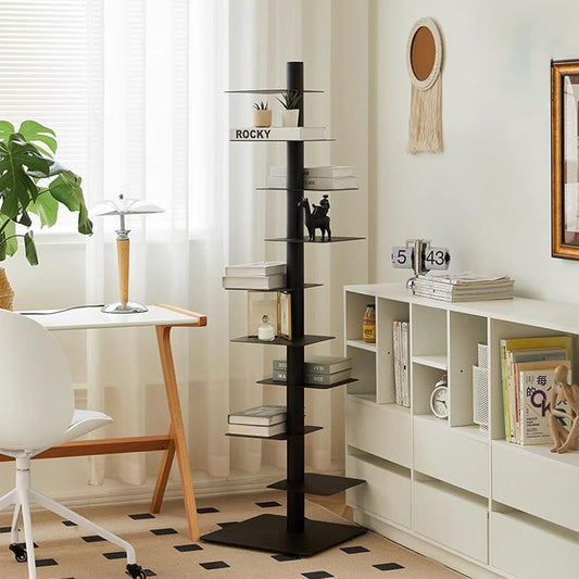 9 Tier Metal Spine Bookshelf Tower, Adjustable Vertical Tower for Books, Vertical Spine Book Tower, Tall Open Shelf 360 Display Storage Organizer for Study Room,Living Room,Office,Bedroom(Black)