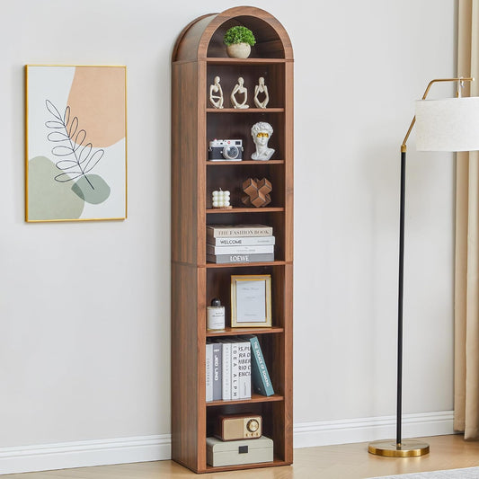 Tall Narrow Arched Bookshelf, 8-Tier Skinny Arch Bookcase for Small Space, Freestanding Storage Organizer with Adjustable Shelves, Open Display Shelves for Living Room, Entryway, Bathroom (Walnut)