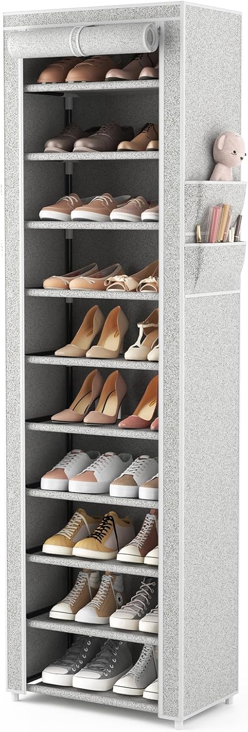 VTRIN Vertical Narrow Shoe Rack Organizer Tall Shoe Rack for Closet Entryway 10 Tier Non-Woven Cover Shoe Shelf Holds 20-22 Pairs Free Standing Shoe Storage Cabinet with Dustproof Cover, Black