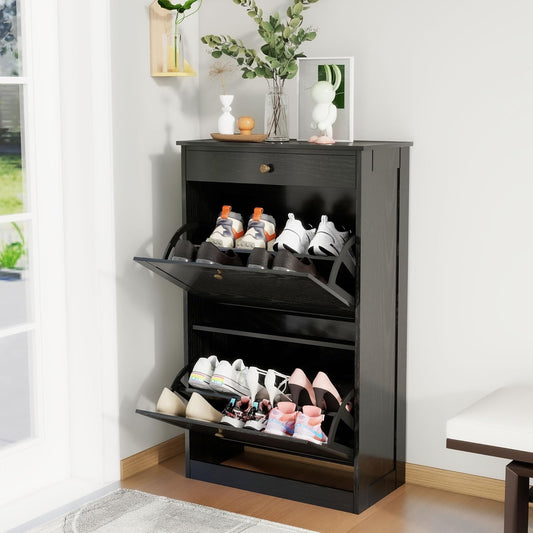 Shoe Cabinet with 2 Flip Drawers, Slim Freestanding Hidden Shoe Organizer with Drawer, Pet-Proof Shoe Storage Cabinet for Entryway Living Room Behind The Door, Black
