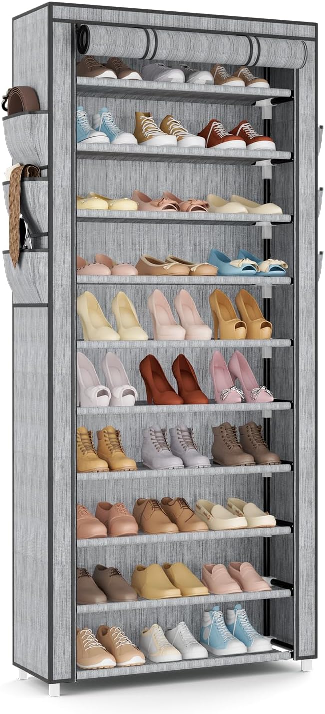VTRIN Vertical Narrow Shoe Rack Organizer Tall Shoe Rack for Closet Entryway 10 Tier Non-Woven Cover Shoe Shelf Holds 20-22 Pairs Free Standing Shoe Storage Cabinet with Dustproof Cover, Black