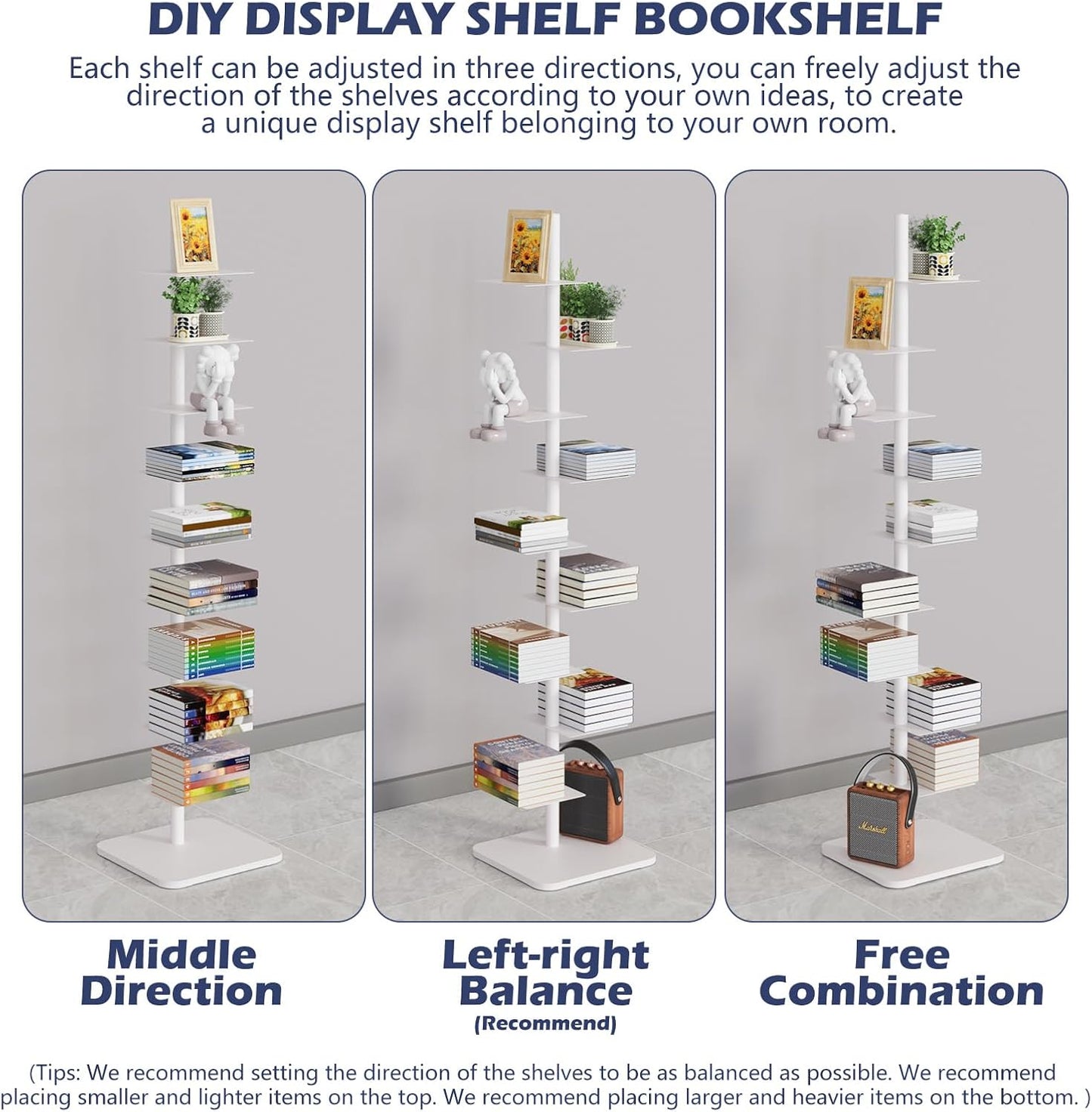 Choowin 9 Tier Metal Bookshelf Vertical Spine Bookshelf White Bookcase - Adjustable Tall Narrow Book Shelf Book Tower for Bedroom Living Room Office Home Décor