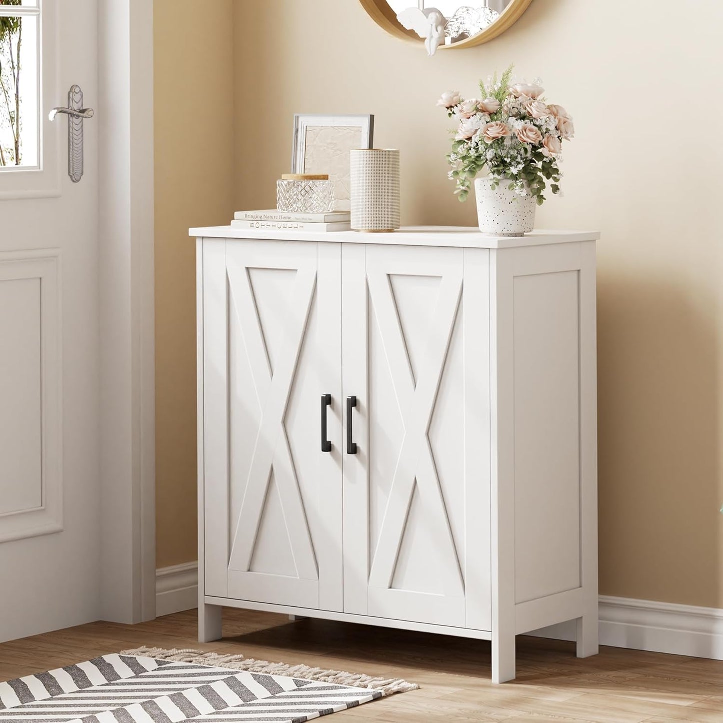 Farmhouse Shoe Cabinet with 2 Barn Doors & Wood Legs, 5-Tier Shoe Storage Cabinet with 3 Adjustable Shelves, Tall Shoe Rack Organizer for Closet, Shoe Organizer for Entryway, Hallway, White