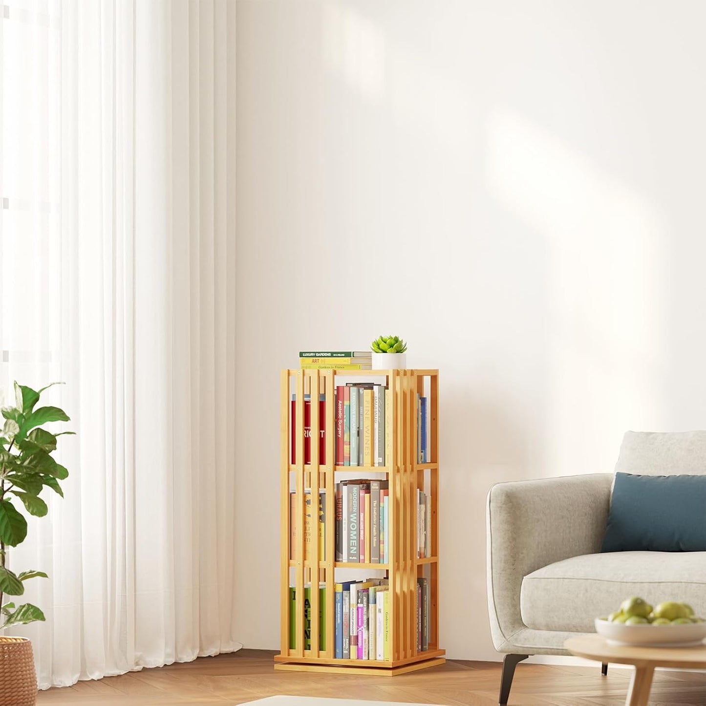 SpaceAid 6 Tier Rotating Bookshelf Tower, Bamboo Spinning Book Shelf, Revolving 360 Bookcase Storage Swivel Round Carousel, Vertical Rotate Turning Spiral Corner Organizer (6-Tier Walnut)