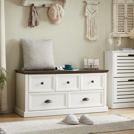 45" Wide Storage Bench, 21" Tall Farmhouse Entryway Bench w/5 Storage Drawers, Rustic Wooden End of Bed Storage Bench, Kids Toy Chest Storage Cabinet for Entryway, Living Room, Bedroom, White