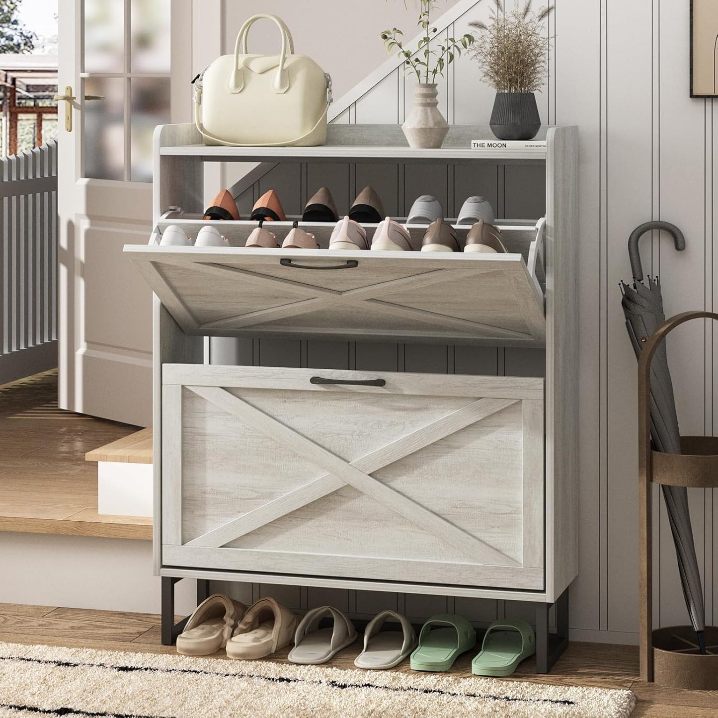 Maupvit Shoe Storage Cabinet with 2 Flip Drawers, Freestanding Organizer with Metal Legs for Entryway, Narrow Shoe Rack Cabinet, Dark Walnut
