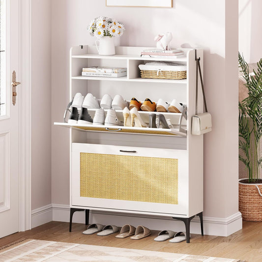 Dripex Rattan Shoe Cabinet Storage for Entryway, Freestanding Shoe Storage Cabinet with 2 Flip Drawers, Wooden Narrow Entryway Organizer with Metal Legs, Adjustable Shelves (White, 31.5" W)