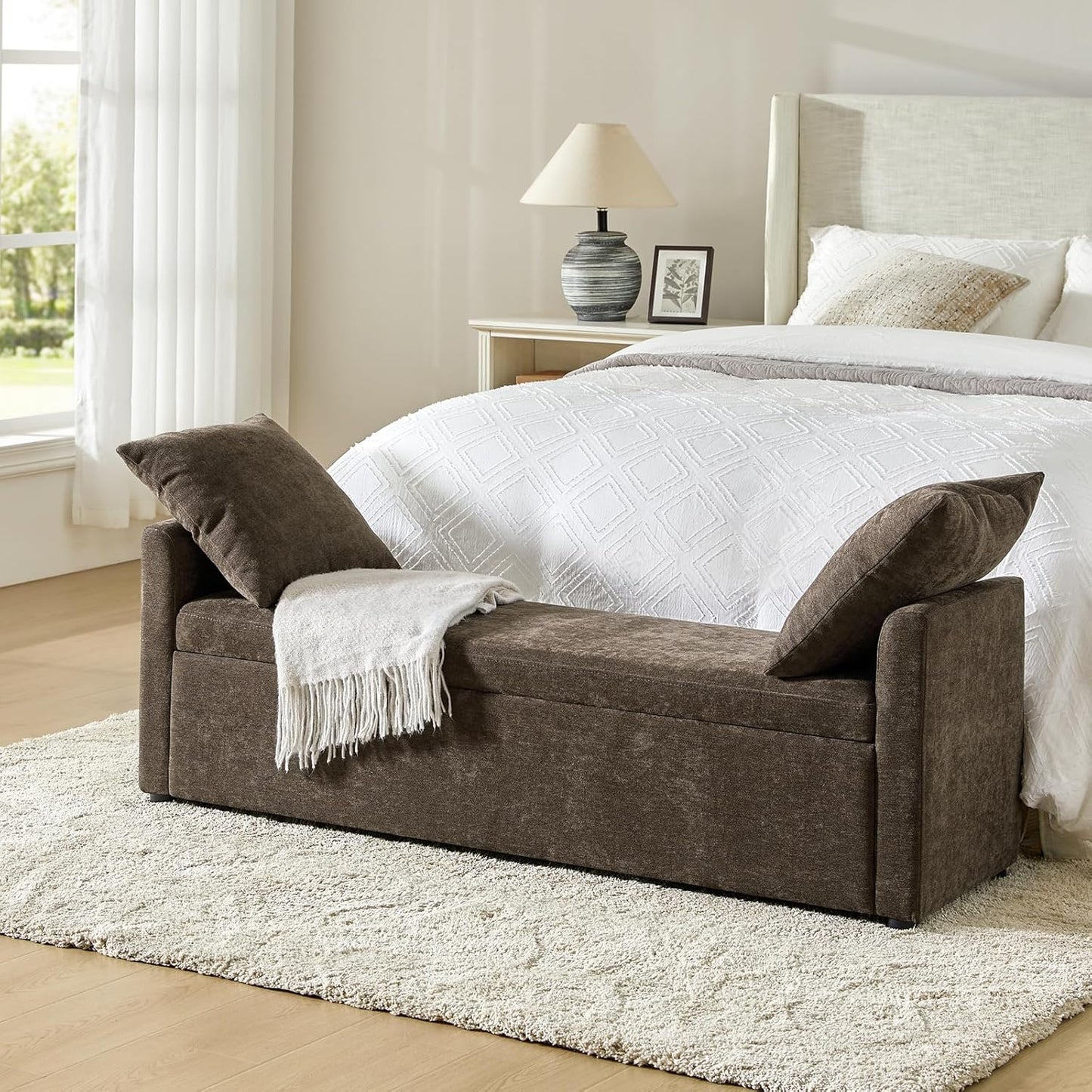 HULALA HOME Modern Storage Bench with Throw Pillows, 59.4" Extra Long Bedroom Ottoman Bench for End of Bed, Comfy Upholstered Footstool for Entryway Dining Room Living Room, Brown