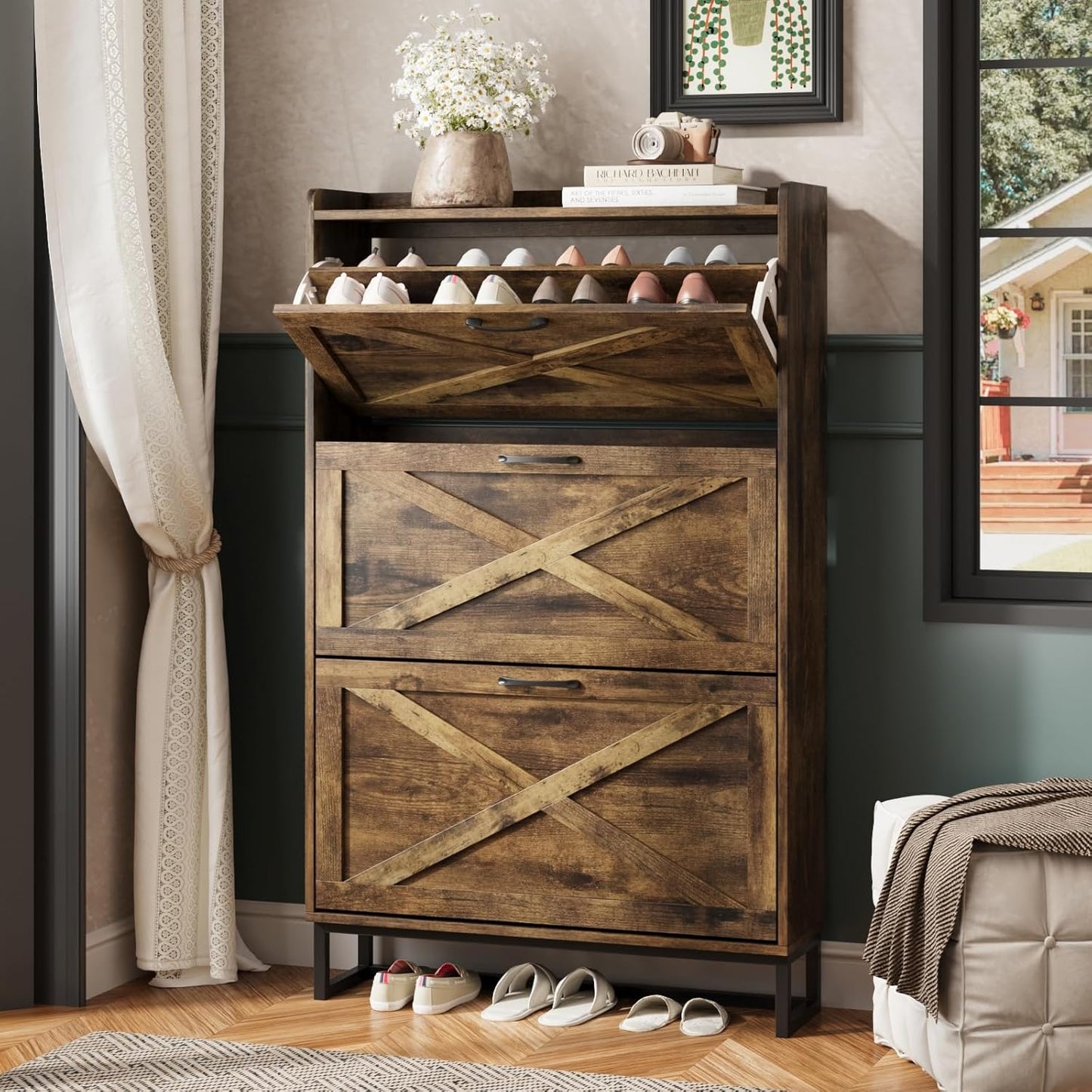 Maupvit Shoe Storage Cabinet with 2 Flip Drawers, Freestanding Organizer with Metal Legs for Entryway, Narrow Shoe Rack Cabinet, Dark Walnut