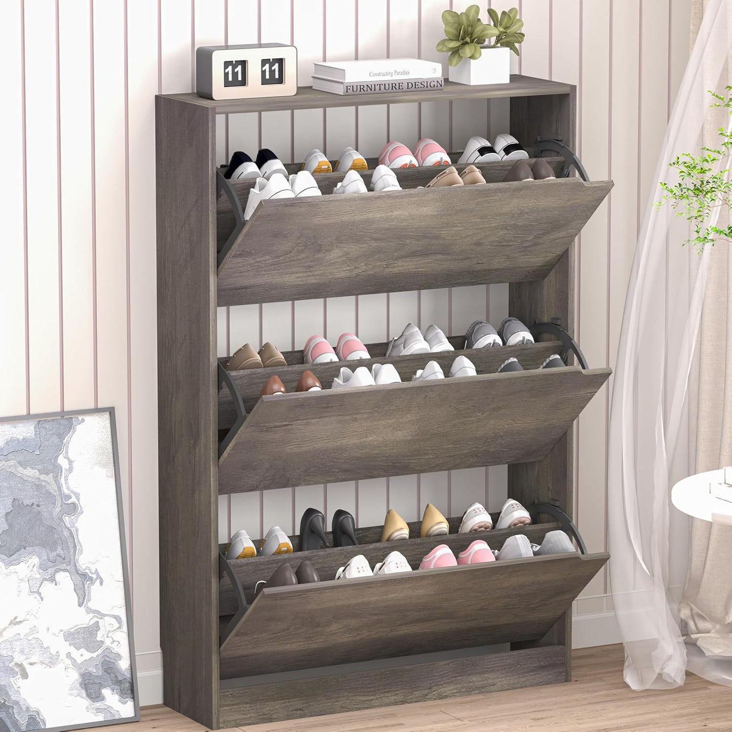 Shoe Cabinet with 3 Flip Drawers, Hidden Wood Shoe Cabinet,Freestanding Shoe Storage Cabinet for Entryway Hallway.White. 47.2" H*31.5" W*9.25" D.