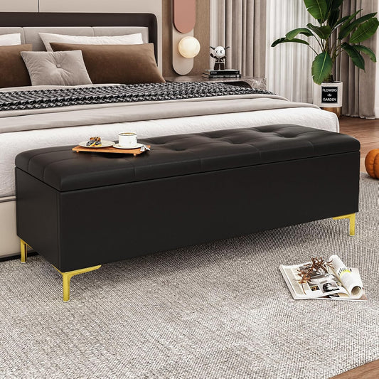 Storage Ottoman Bench 60.2 Inches, Upholstered End of Bed Bench with Large Storge and Seating, Long Ottoman with Safty Hinge for Entryway, Linving Room, Bedroom,Holds Up to 600 Lbs, Black