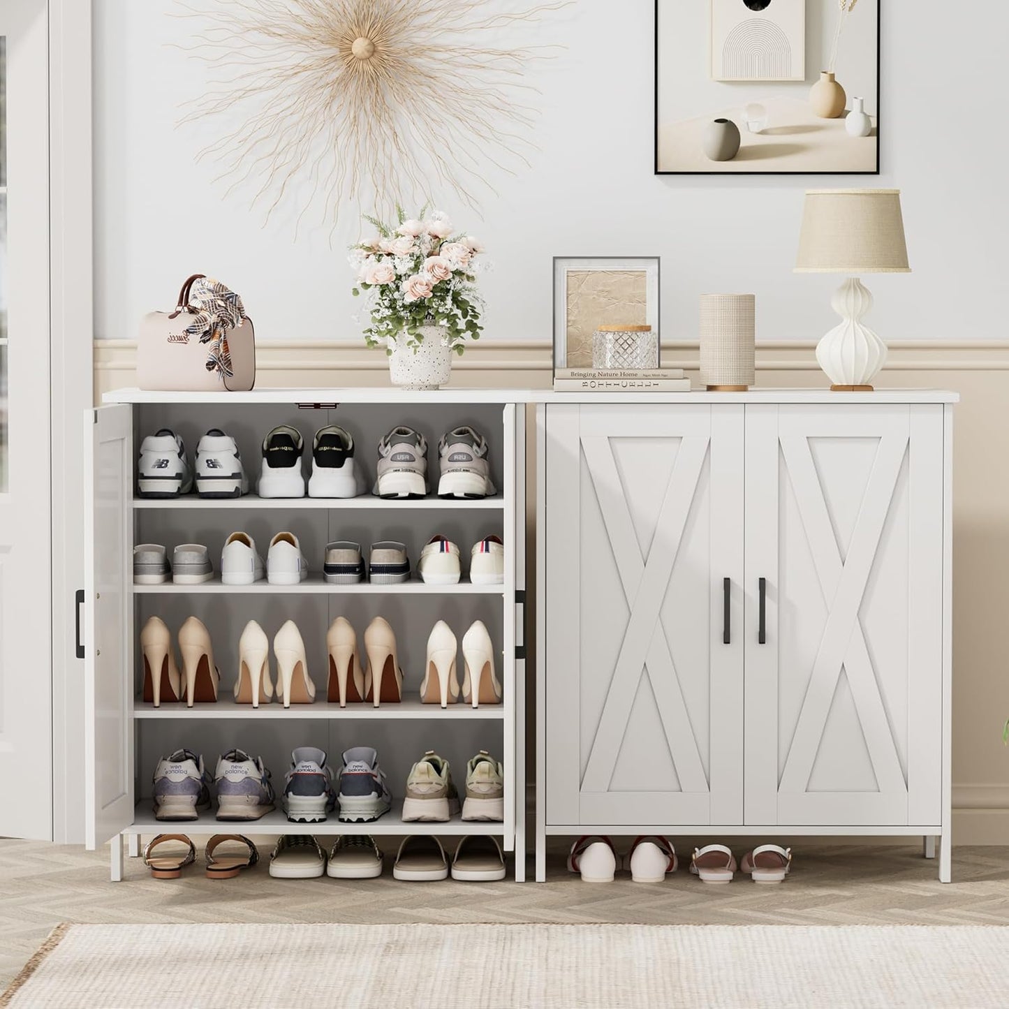 Farmhouse Shoe Cabinet with 2 Barn Doors & Wood Legs, 5-Tier Shoe Storage Cabinet with 3 Adjustable Shelves, Tall Shoe Rack Organizer for Closet, Shoe Organizer for Entryway, Hallway, White