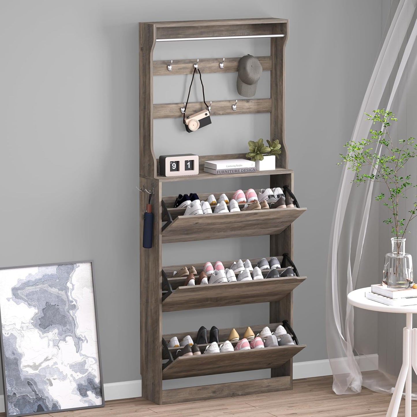 Shoe Cabinet with 3 Flip Drawers, Hidden Wood Shoe Cabinet,Freestanding Shoe Storage Cabinet for Entryway Hallway.White. 47.2" H*31.5" W*9.25" D.