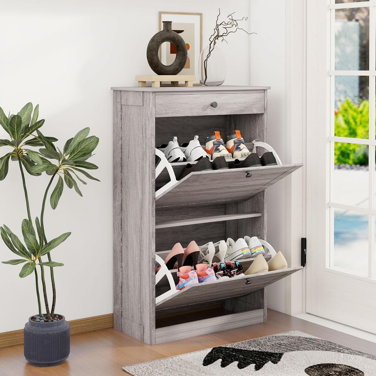 Shoe Cabinet with 2 Flip Drawers, Slim Freestanding Hidden Shoe Organizer with Drawer, Pet-Proof Shoe Storage Cabinet for Entryway Living Room Behind The Door, Black