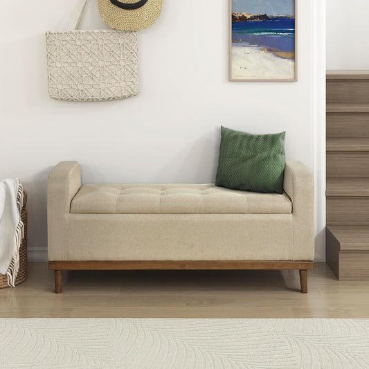 Lexicon Armed Fabric Storage Bench, Button-Tufted Storage Ottoman Bench, Lift-top Bench with Solid Wood Frame and Legs for Hallway, Bedroom End of Bed, Entryway, Living Room, Brown