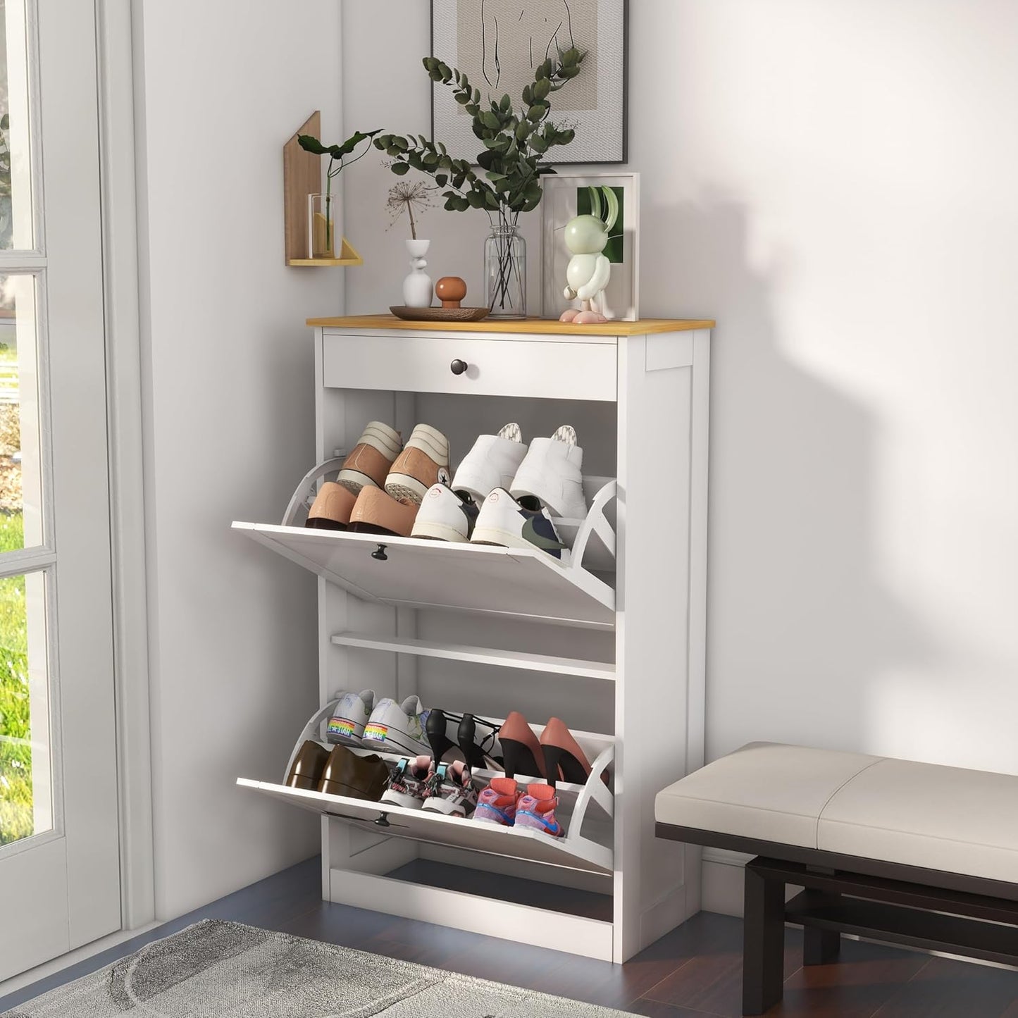 Shoe Cabinet with 2 Flip Drawers, Slim Freestanding Hidden Shoe Organizer with Drawer, Pet-Proof Shoe Storage Cabinet for Entryway Living Room Behind The Door, Black