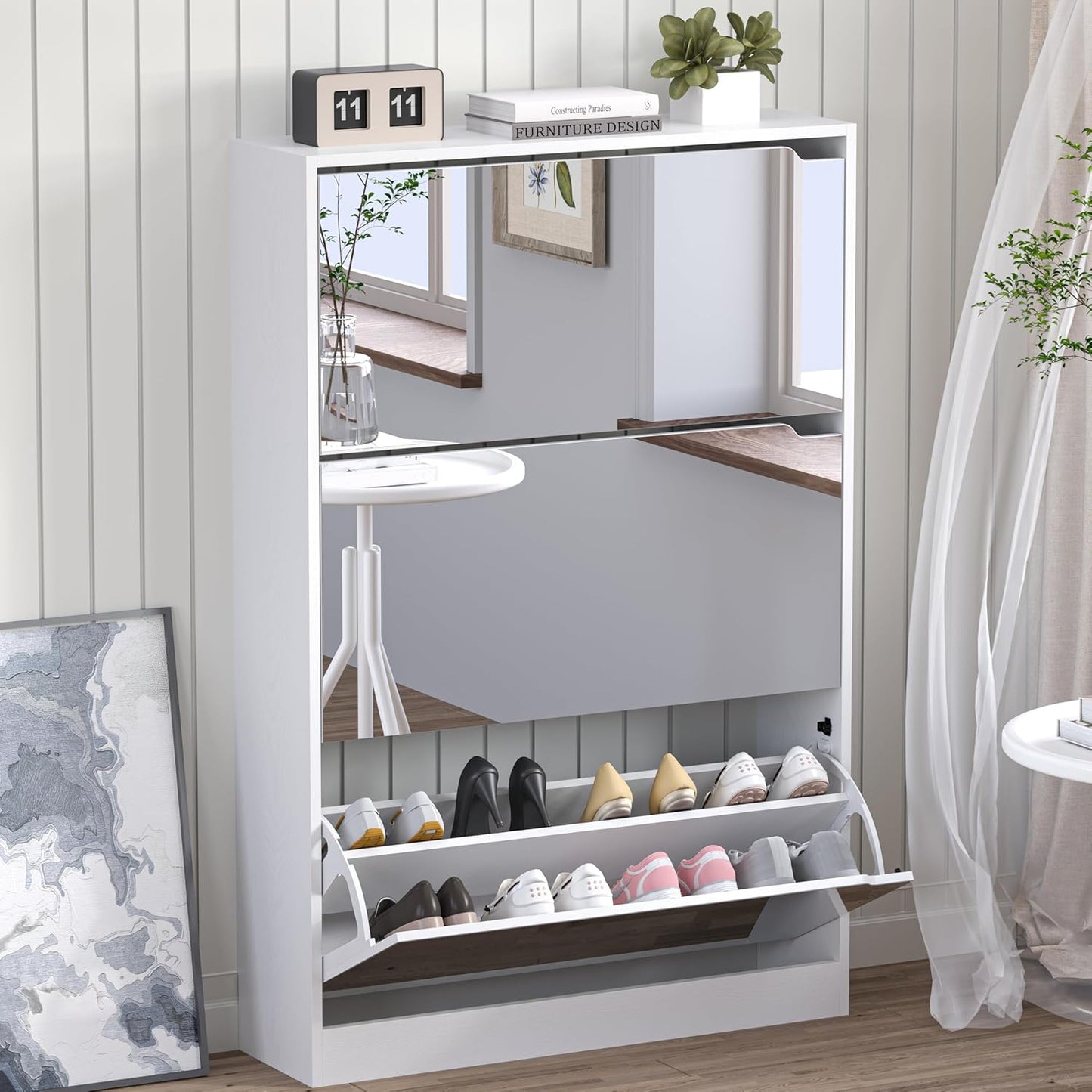 Shoe Cabinet with 3 Flip Drawers, Hidden Wood Shoe Cabinet,Freestanding Shoe Storage Cabinet for Entryway Hallway.White. 47.2" H*31.5" W*9.25" D.