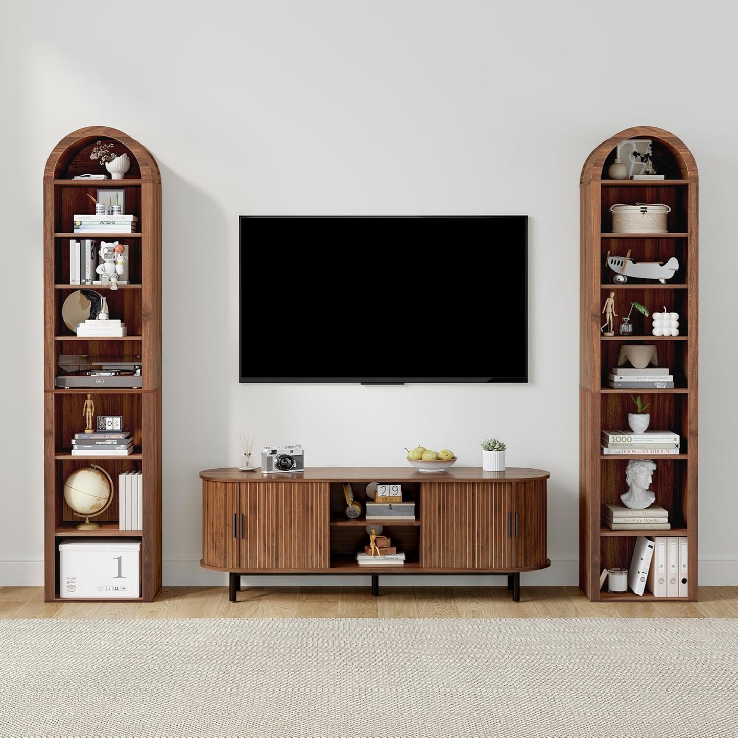 Tall Narrow Arched Bookshelf, 8-Tier Skinny Arch Bookcase for Small Space, Freestanding Storage Organizer with Adjustable Shelves, Open Display Shelves for Living Room, Entryway, Bathroom (Walnut)